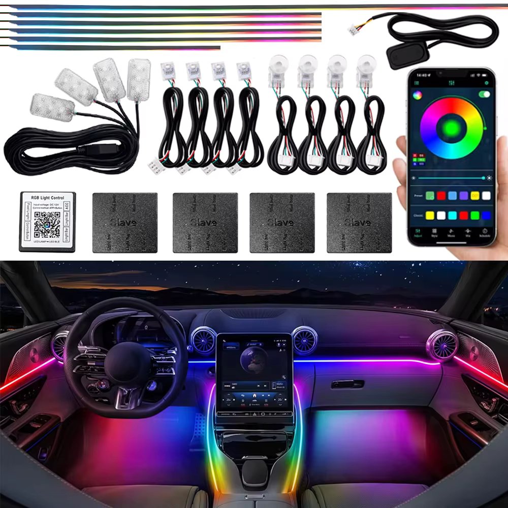 18in1 256 Colors RGB Symphony Car Ambient Light Interior Acrylic Guide LED Strip Light Decoration Atmosphere Lamp by APP Control