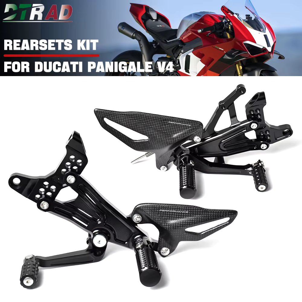 Motorcycle CNC Adjustable Rearsets Kit For DUCATI Panigale V4 V4S V4R SP 2018 - 2024 Foldable Foot Pegs Carbon Fiber Heel Guards