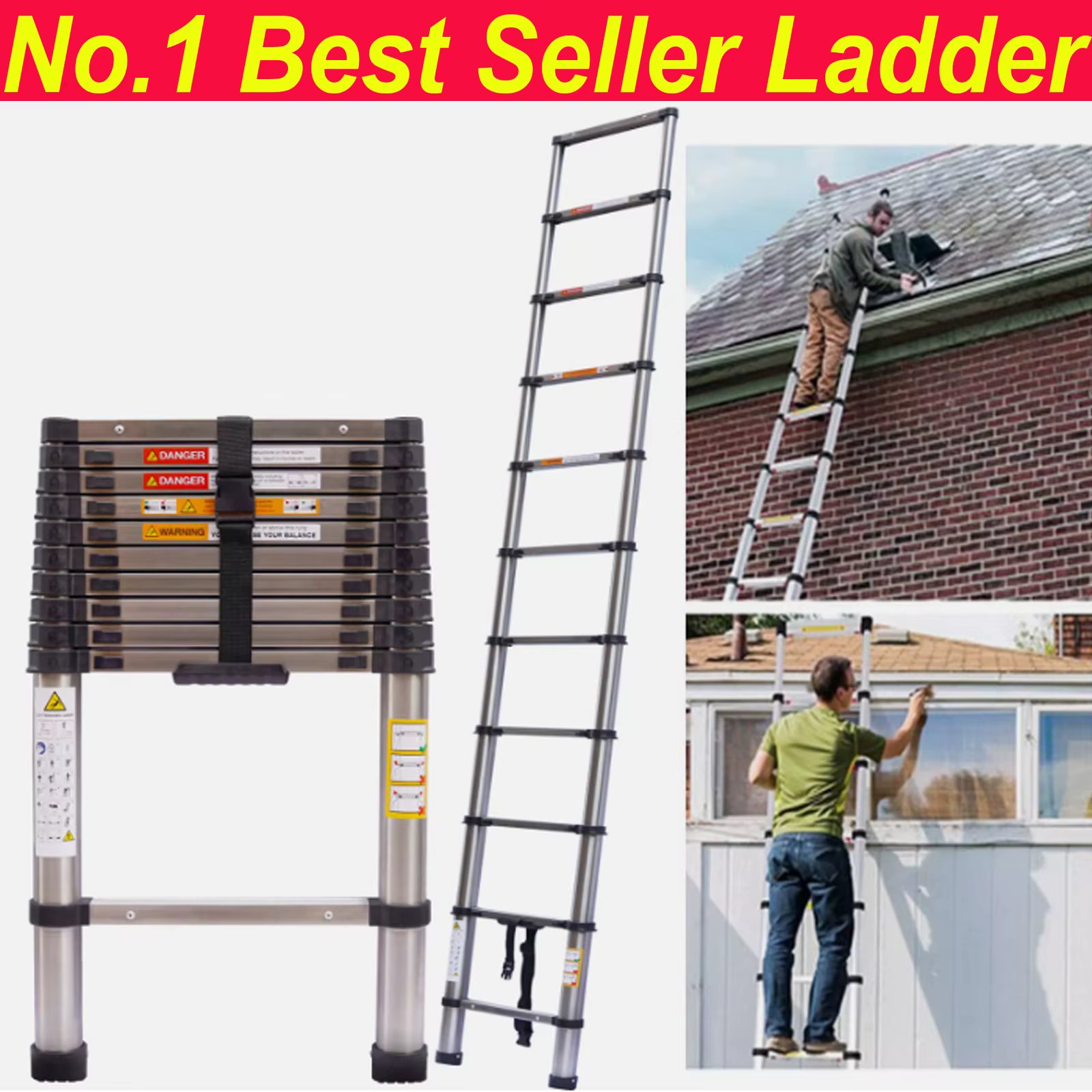 New 3.2M Telescoping Ladder, 10.5ft Stainless Steel Extension Anti-Slip Rubber Feet Portable Multi-Purpose Collapsible Ladder