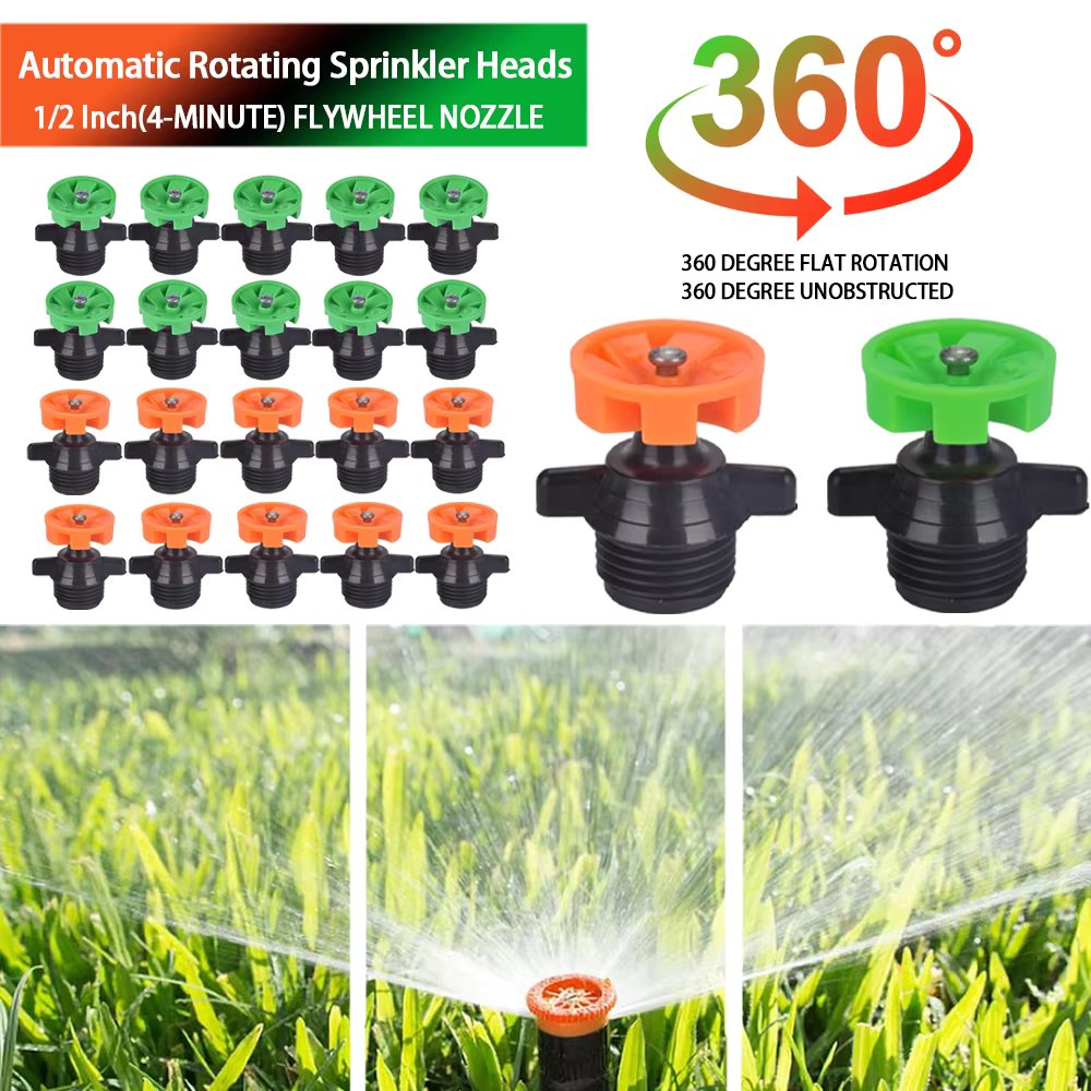 360 Degree 10pcs Automatic Rotating Sprinkler Heads, Garden Lawn Irrigation 1/2"（4-point flywheel） Male Thread Rotating Nozzle