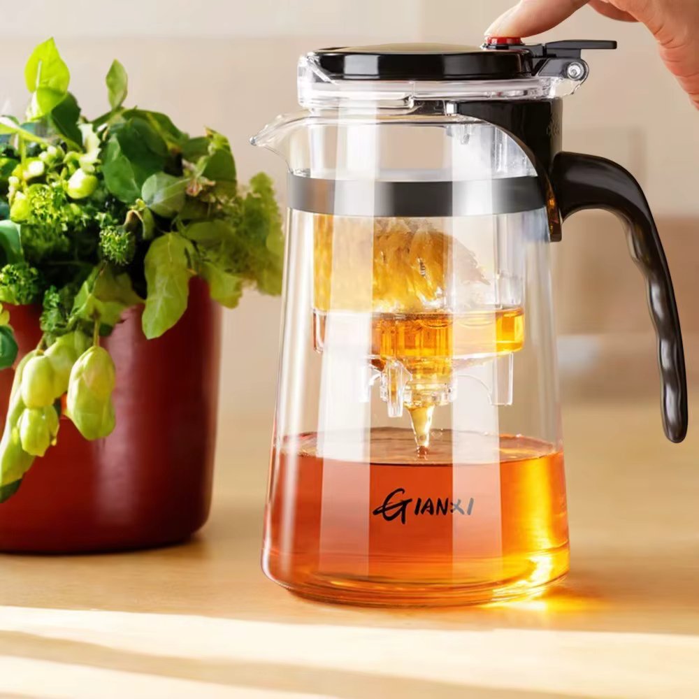 Thickened Glass Teapot with Infuser, Heat-Resistant Tea Pot with One-Button Filtering, Kettle for Tea and Coffee Making, Tea Sep