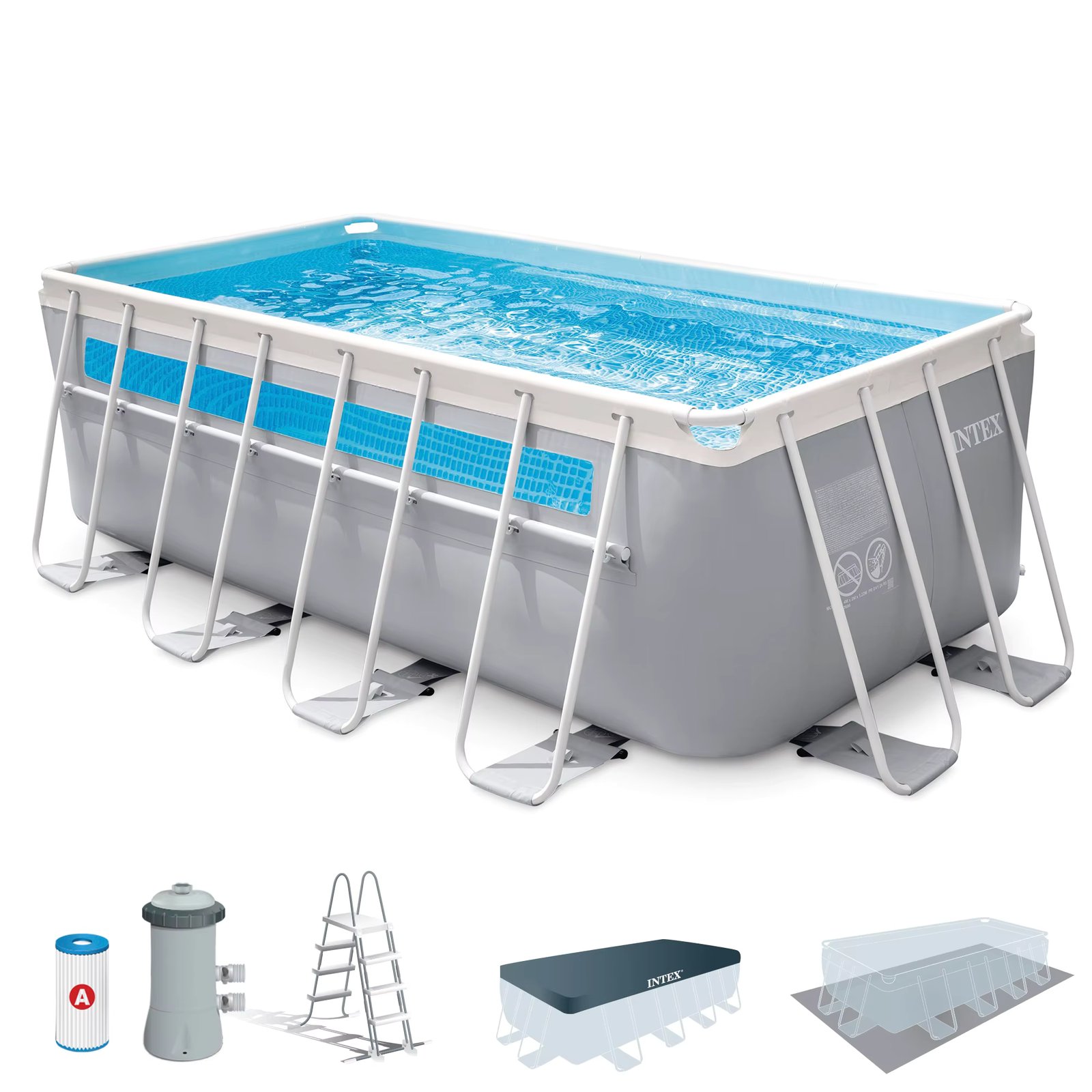 INTEX removable pool Prism Frame, 400x200x122 cm, window 360 °, triple layer Material, capacity 8.418 litres, including cartridge scrubber, tapestry, cover and safety ladder, hydro Aeration technology