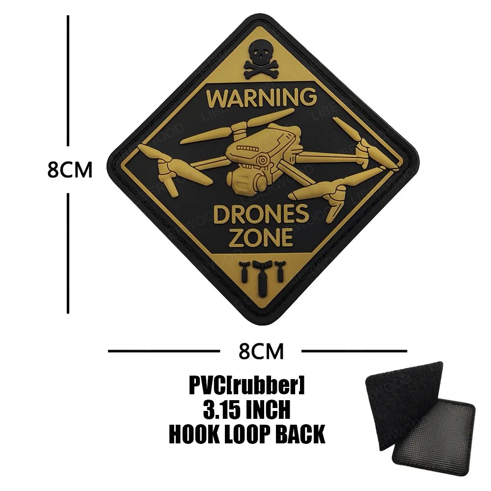 WARNING DRONES ZONE Tactical Patch Unmanned Aerial Vehicle UAV 3D PVC Hook Loop Glowing Badge Helmet Uniform Backpack Emblem