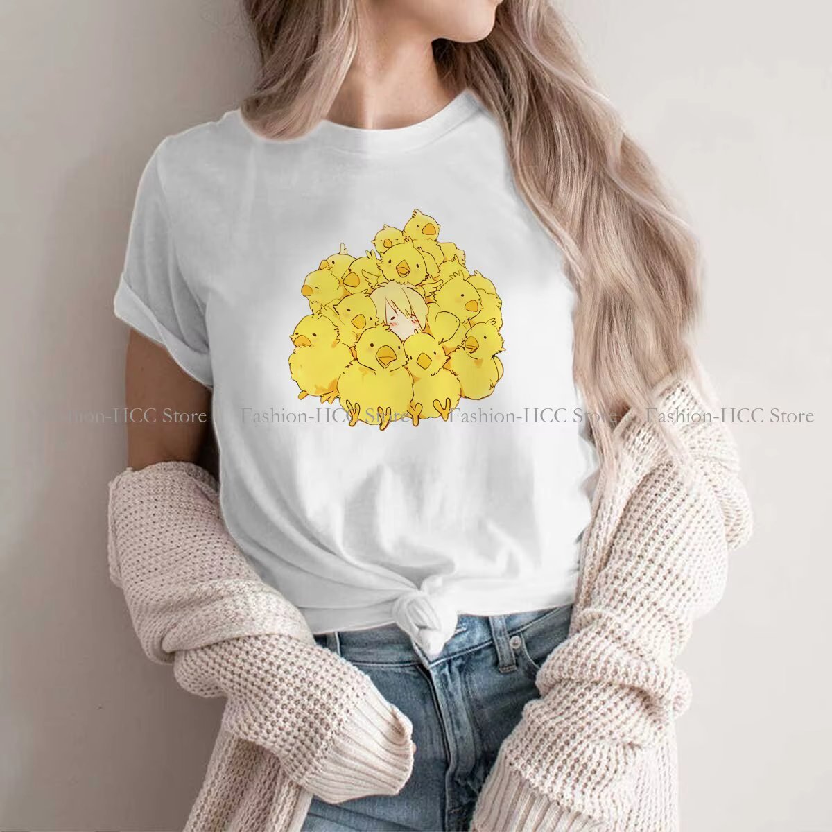 Cloud Strife In Fluffy Chocobo Swarm Graphic TShirt Final Fantasy Creative Streetwear Comfortable T Shirt Female Short Sleeve
