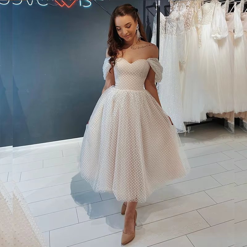 LSYX Short Wedding Dress 2024 Off Shoulder Ankle Length Point Tulle Bridal Gown Gorgeous Brides Tulle Robe De Mariee Graceful