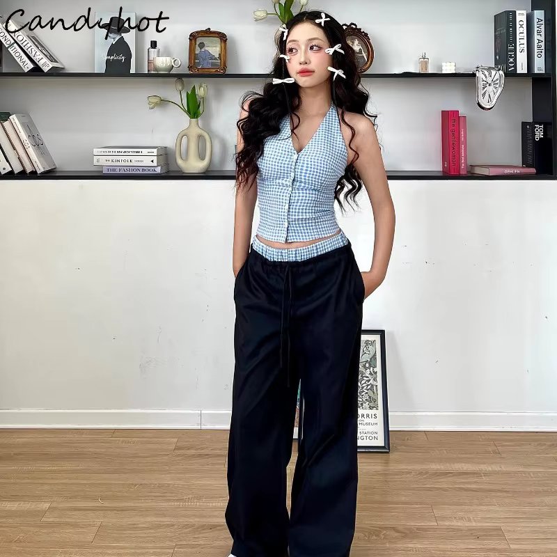 Candyhot Plaid Retro Halter Lattice Off Shoulder Slim Fit Crop Tops With Y2K Fashion Casual Loose Pants Streetwear 2 Piece Set