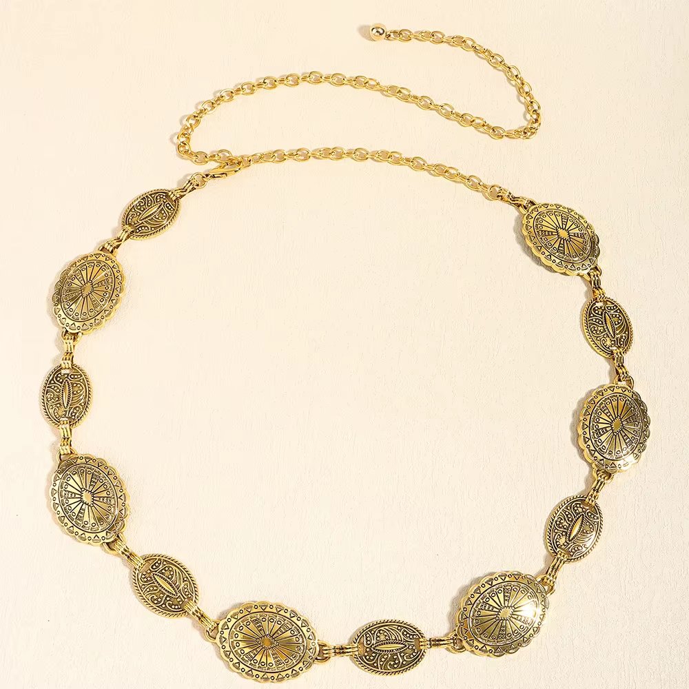 Retro Style WOMEN'S Metal Waist Chain Accessories Decorative Circle Carved Chain Belt High Style Accessories