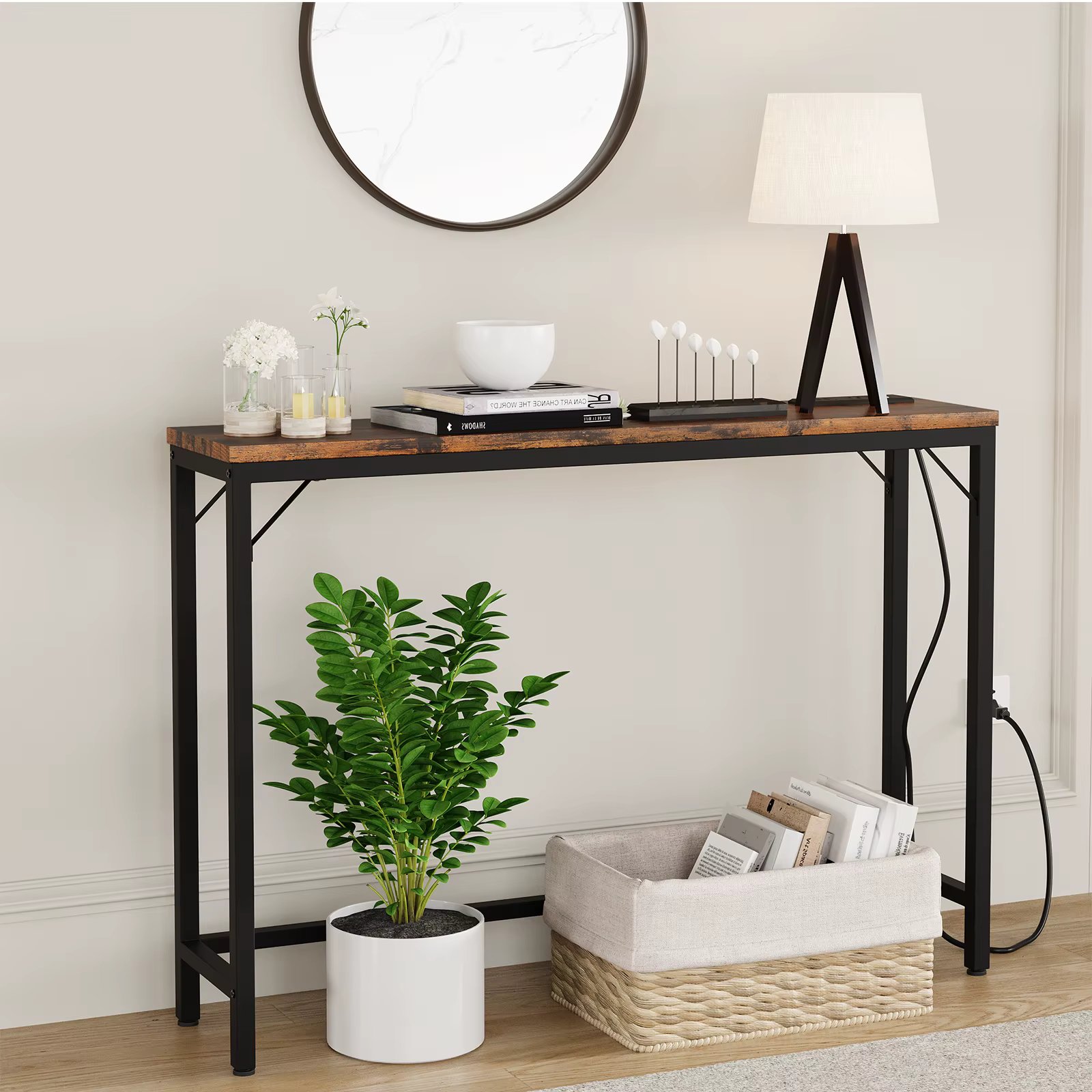 5.9" Narrow Console Table with Outlets,Metal & MDF Skinny Behind Couch Table for Living Room, Slim Sofa Table for Entryway