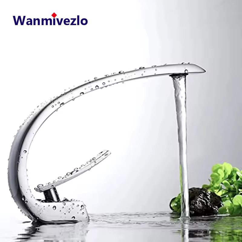 Brass Bathroom Faucet Basin Sink Faucet Single Handle Cold and Hot Mixer Taps Beautiful Curve Design Deck installation