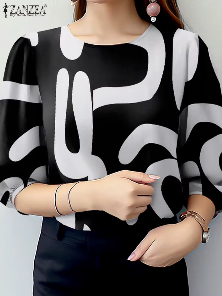ZANZEA Elegant Summer Shirt Women Stylish O Neck 3/4 Sleeve Blouse Loose Holiday Blusas Chemise Casual Floral Printed Tunic Tops