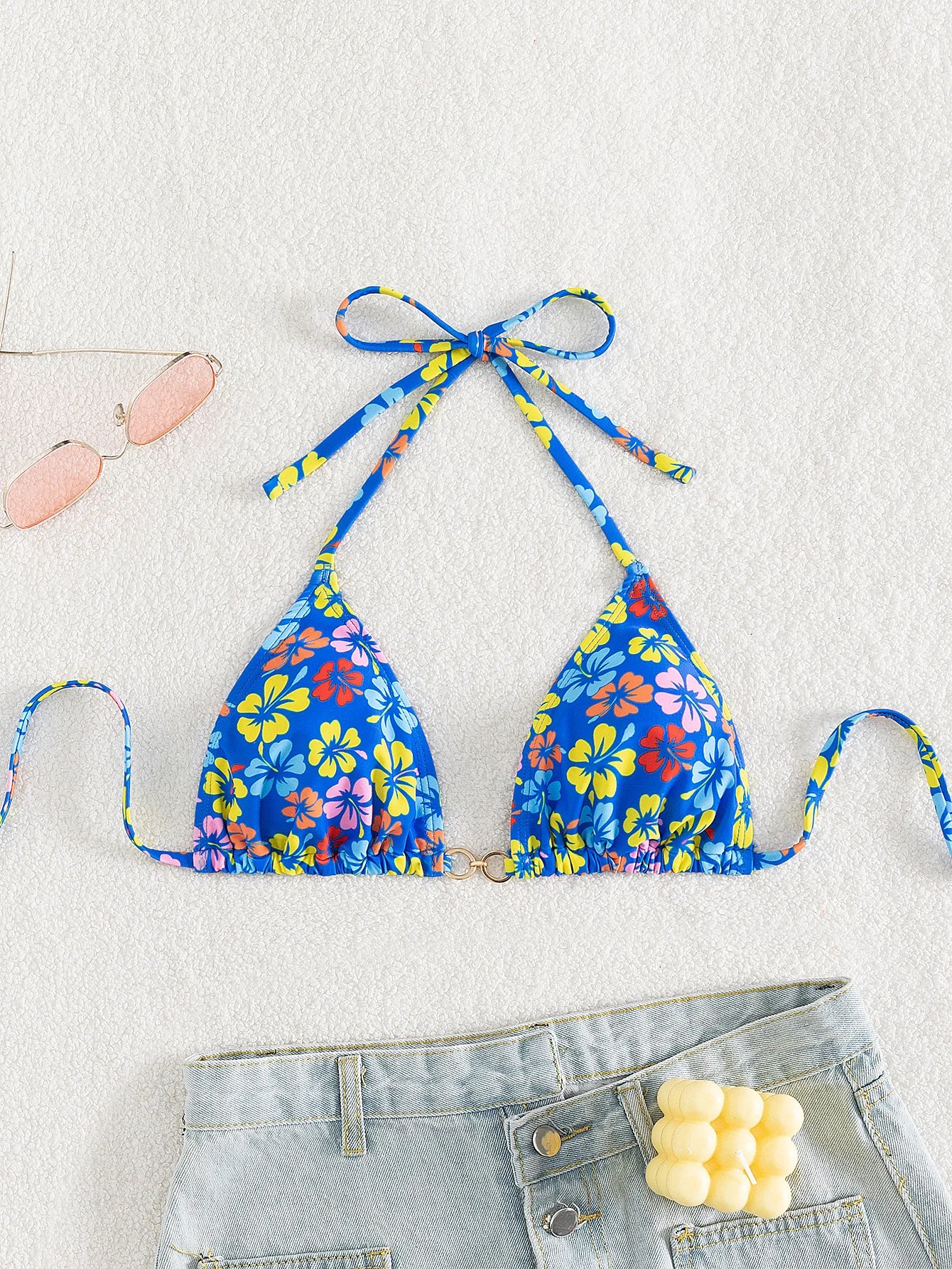 Blue Flower Bikini Set hang up strip triangle pad Bikini top tong bikini bottom 2 pieces Women swimwear