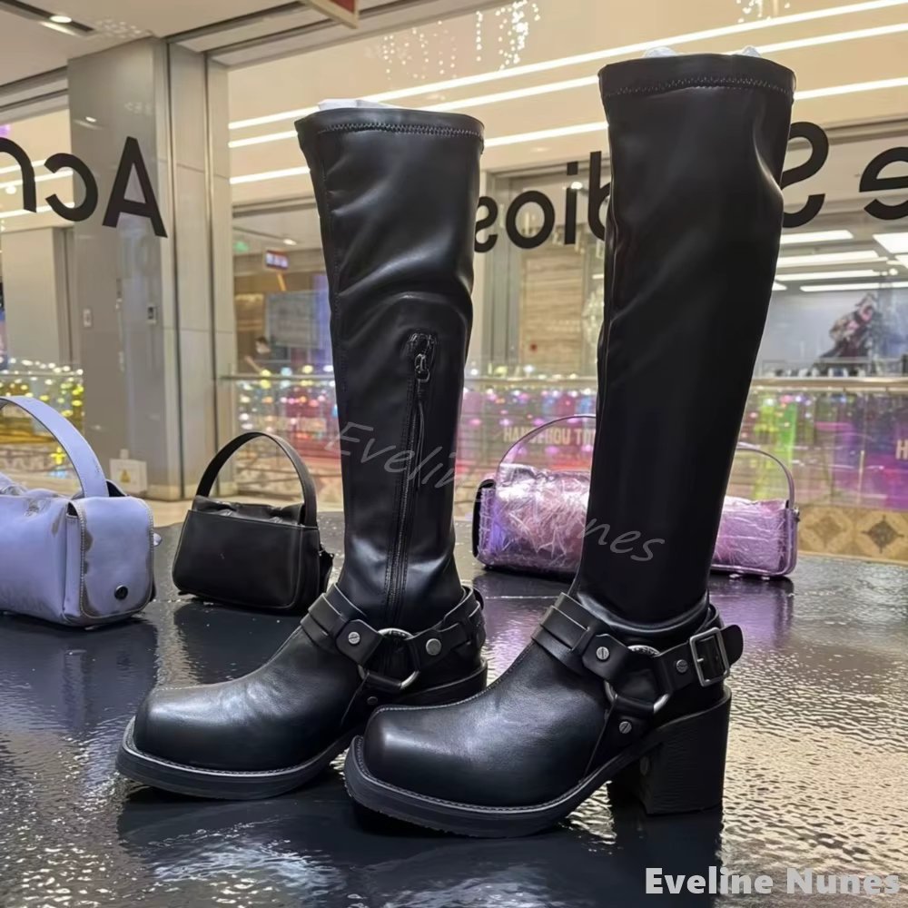 Square Toe Metal Belt Buckle Motorcycle Boots Women Chunky Heel Side Zipper Black Leather Knee High Boots 2025 New Stretch Boots