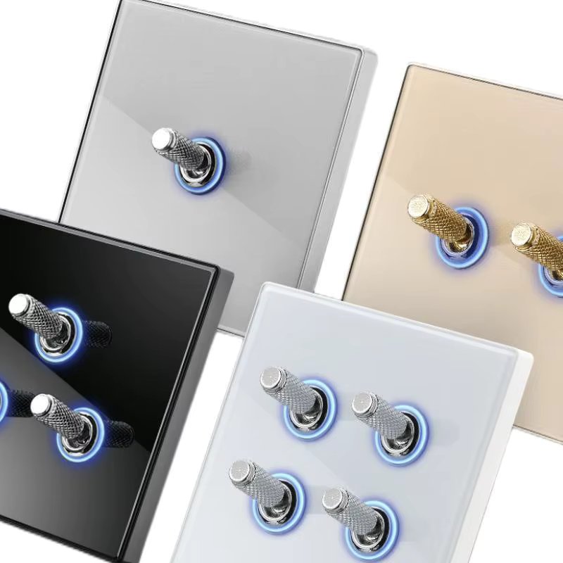 White tempered glass European Vintage toggle wall light switch,110-250V1gang2way Electrical on/off with LED indicator 86mm*86mm