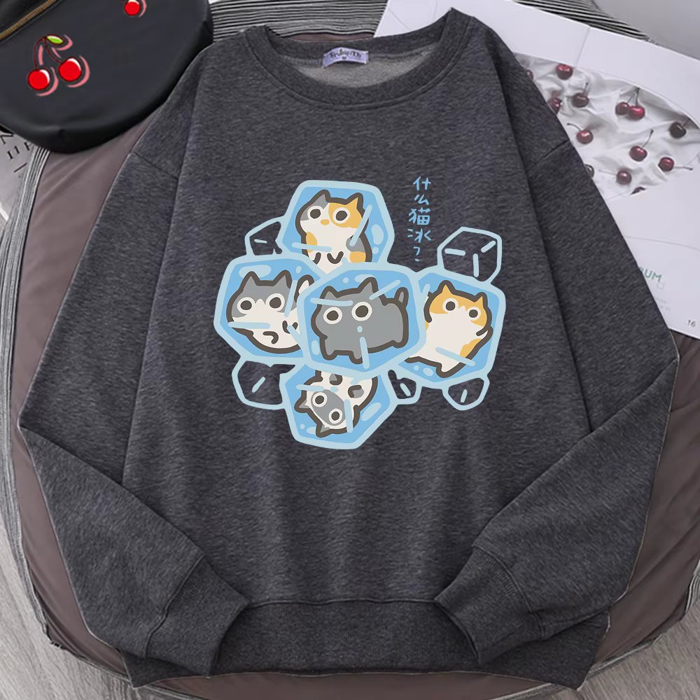 Ice Cat Fun Cartoons Cats Cute Print Sweatshirt Men Women Harajuku Crewneck Hoodie Autumn Prints Sportswear Hip Hop Loose Hoody