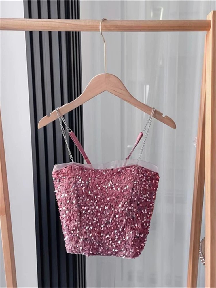 Colorfaith V901JJ New 2024 Bottoming Sequin Sexy Bra Padding Elasticity Vests Elegant Women Spring Tank & Camis Crop Short Tops