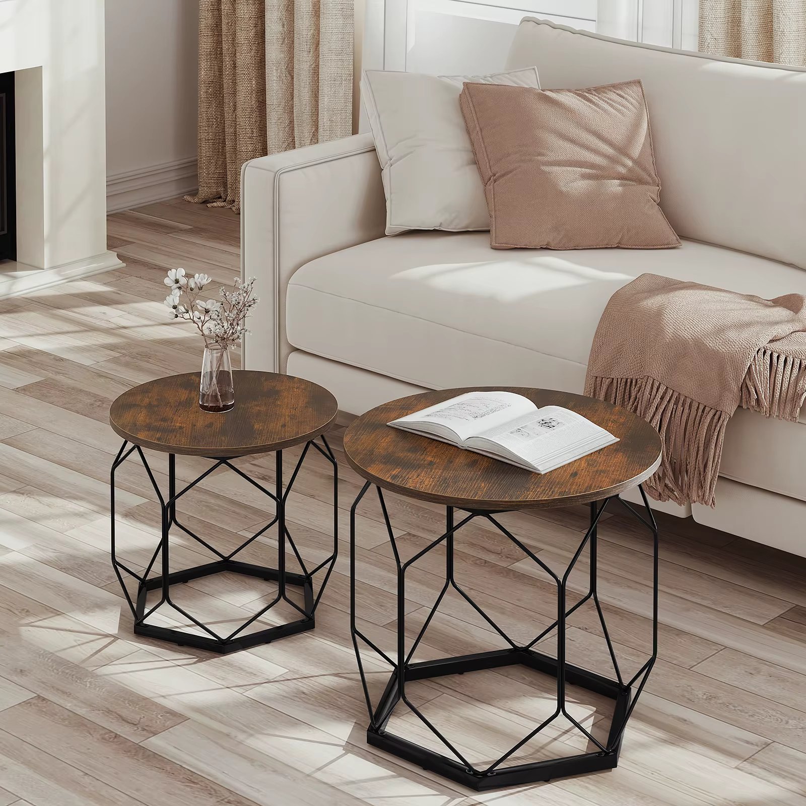 2PCS/Set Coffee Table Round  Sofa Side Table with Storage Space Hollow Metal Frame Bedside Table for Living Room Bedroom Home