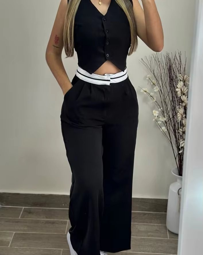 New Women's Two-Piece 2024 Summer Casual Sexy Elegant V-Neck Twist Button Tank Top and Pocket Design Pants Set Women's Set