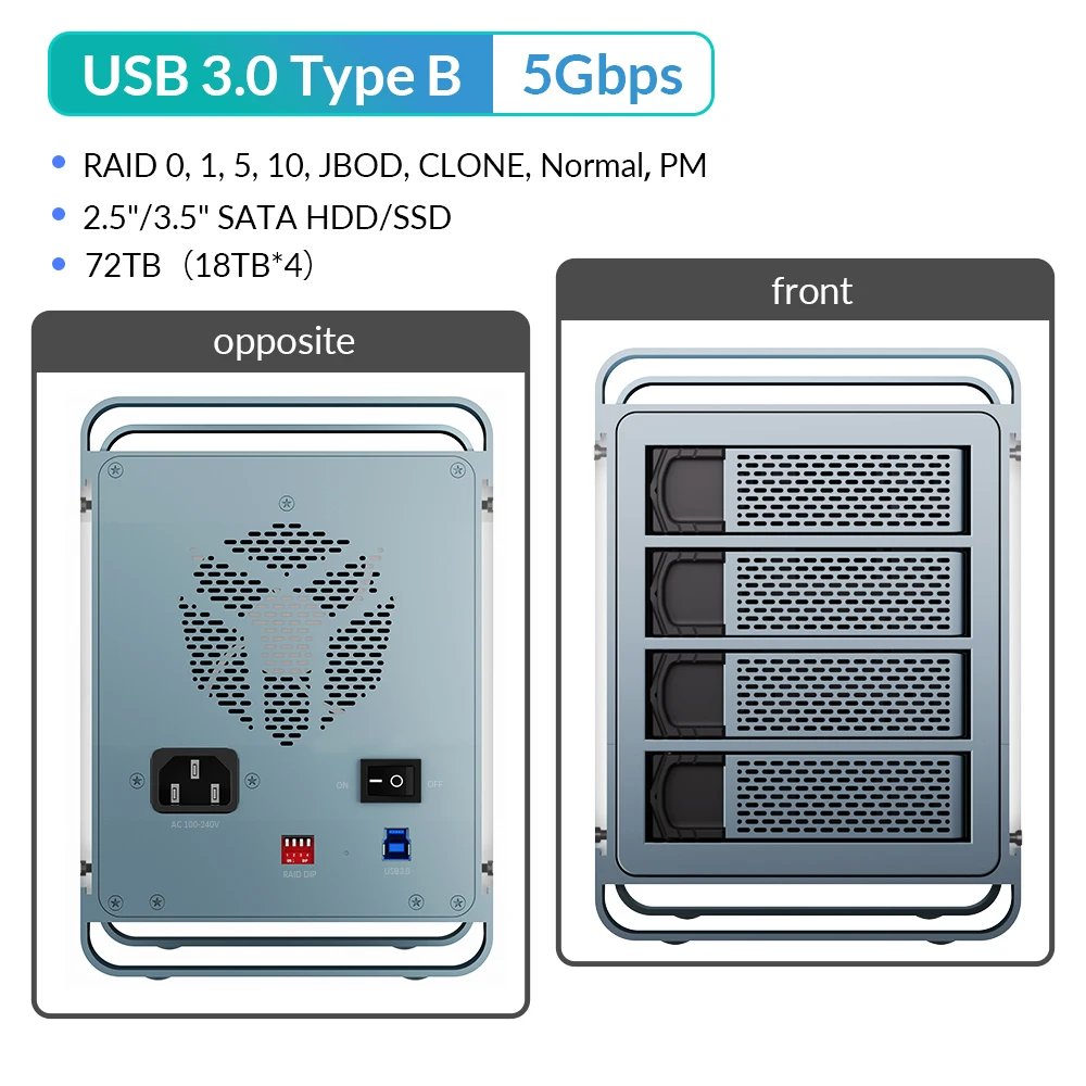 Yottamaster 2.5 3.5 inch SATA HDD SSD Enclosure 4/5 Bay RAID External Case House Multi Slot Port 5*18TB RGB Silent Fan HDD Case
