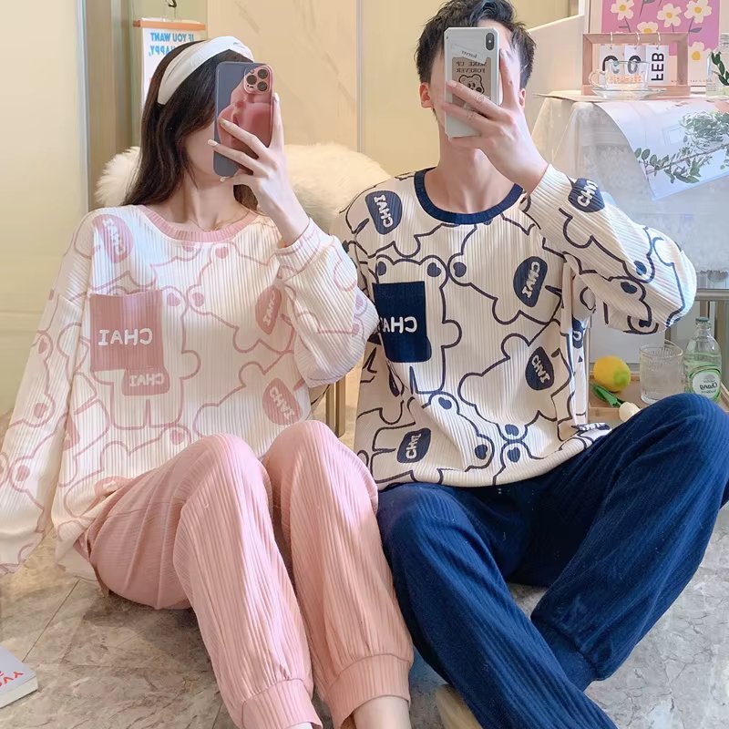 Couple Pajamas Spring Autumn Cotton Long Sleeves Sleepwear Set Lovely Loose Thin Loungewear Striped Women Cotton Pajamas Men