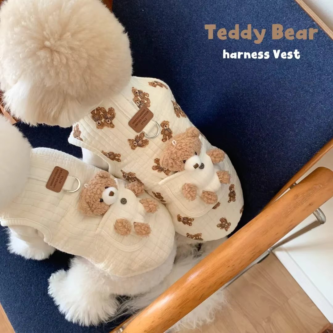 Winter New INS Cotton Dog Clothes Pocket Little Bear Cotton Jacket Vest Chest Back Pet Dog Cat Warm Printed Bear Sleeveless