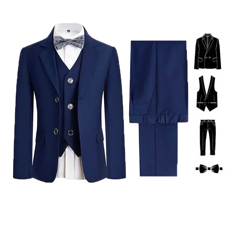 Boys Black Piano Violin Dress Children Skinny Jacket Vest Pants Bowtie 4PCS Prom Dress Kids Evening Dance Performance Costume