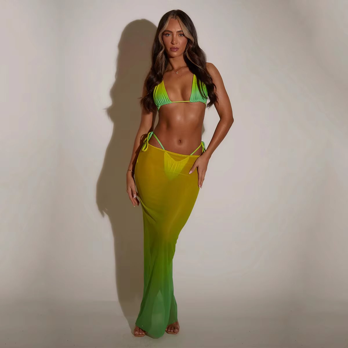 3 Pieces Bikini Set Gradient Bikini 2024 Sexy Women Swimsuit Maxi Dress Female Swimwear Print Bathing Suit Beachwear Cover Ups