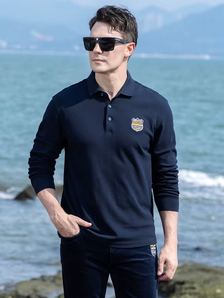New Bruce&Shark Spring Autumn WinteThicken Solid Full Mens Polo Pure Cotton Underware Polos for Men  Classic Business Mens Polos