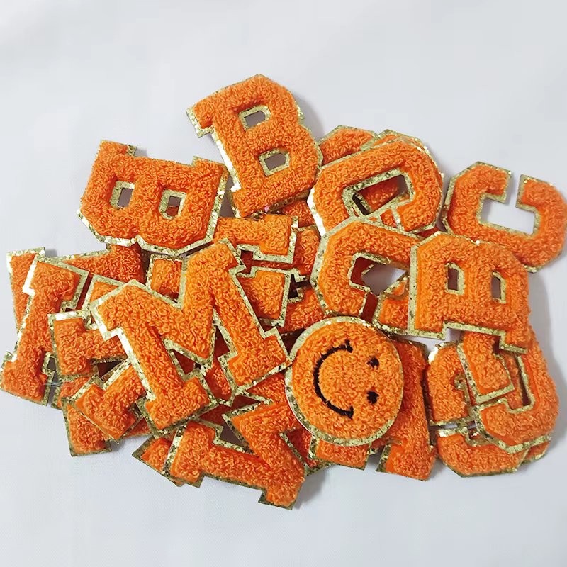 Orange Letters Sticker Patch Alphabet Towel Embroidered Chenille Patches for Clothing Bags Jacket Stick on Accessories Applique