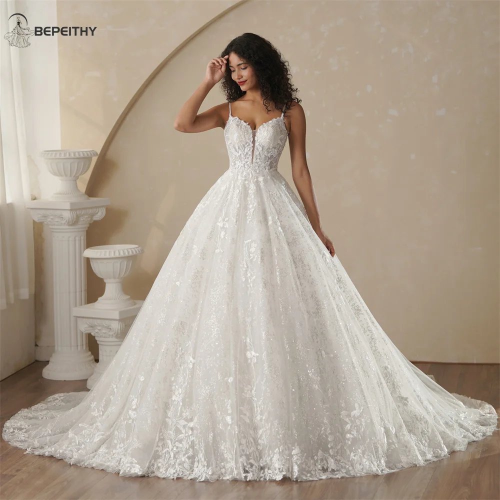 BEPEITHY Customized Glitter Princess Ivory Wedding Dresses For Women Sleeveless Shinny Lace V Neck Bride Ball Bridal Gown 2025