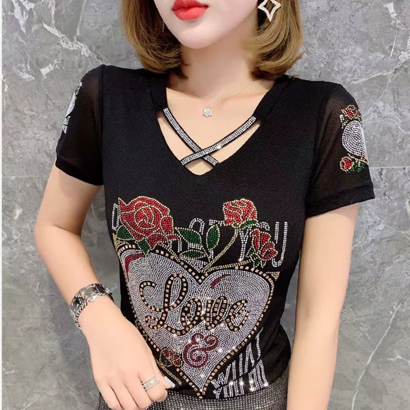 2024 Summer Fashion Korean T-shirt Clothes Sexy Hollow Out Inlaid Diamonds Letter Rose Women Tops Ropa Mujer Patchwork Mesh Tees