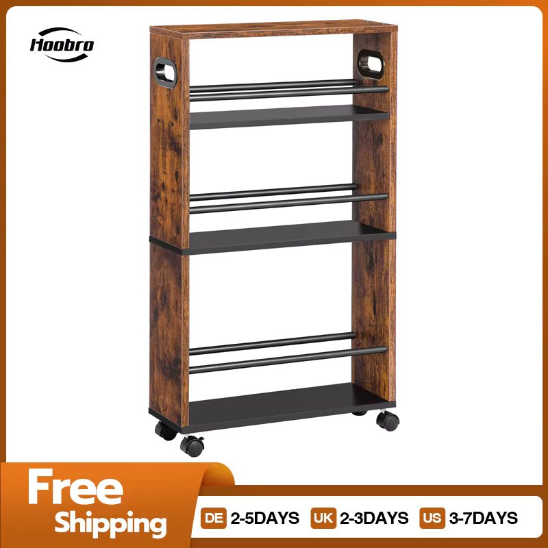 HOOBRO 3-Tier Slim Rolling Cart Narrow Serving Kitchen Trolley With Handle And Lockable Casters Railings For Kitchen Bathroom