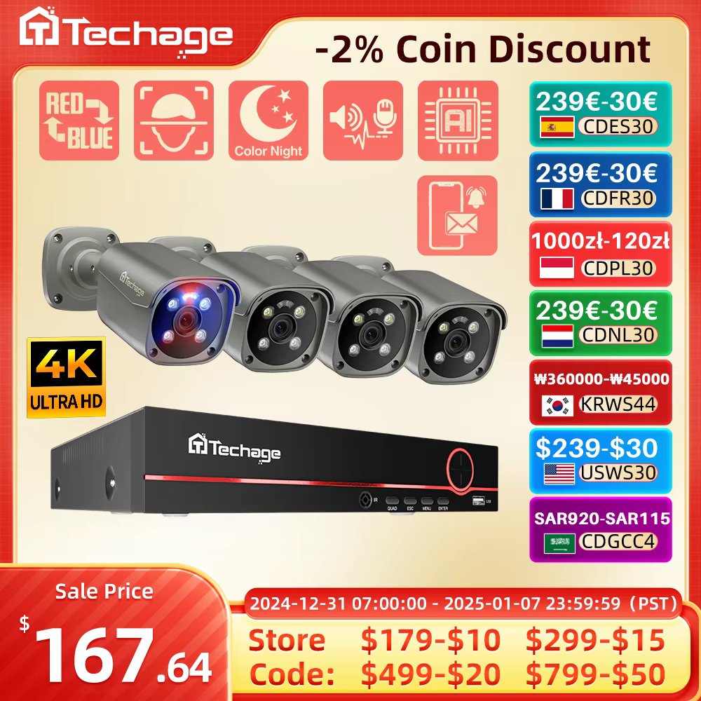 Techage 8CH 5MP 8MP 4K POE Camera System Two Way Audio Colorful Night Smart AI Face Detection CCTV Video Surveillance Clearance