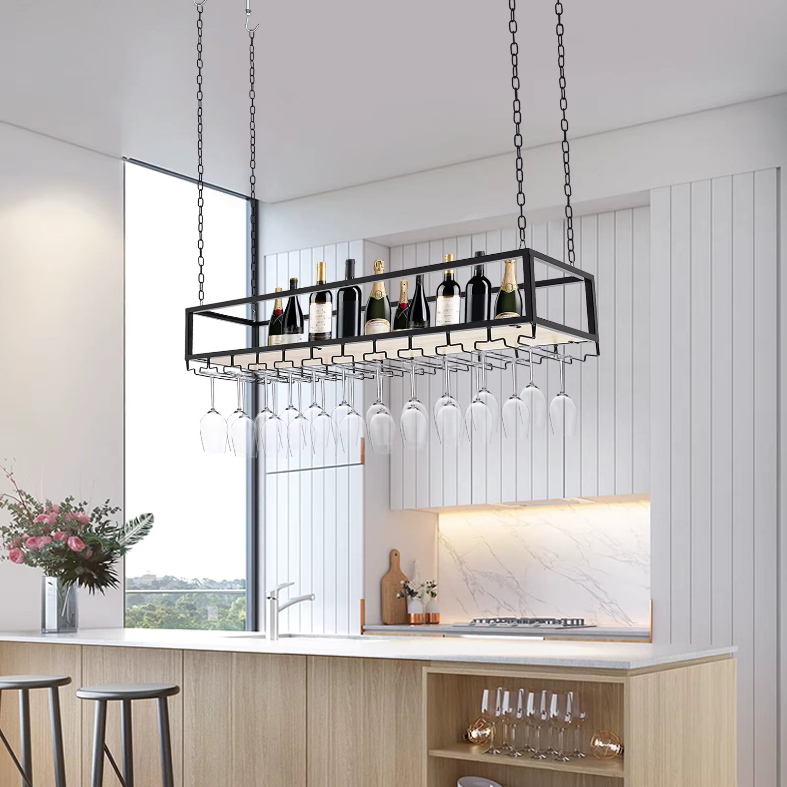 Vintage Hanging Wine Rack with Glass Holder Adjustable Industrial Ceiling Mount Hanging Wine Bottle Shelf 100/110/120cm DHL NEW