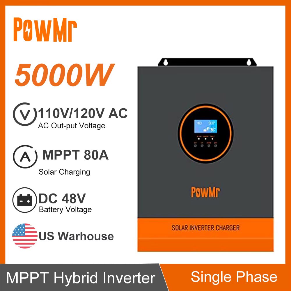 PowMr Single Phase 3000W 5000W 110V/120VAC Output Pure Sine Wave Power Inverter DC 24V 48V with 80A MPPT Solar Charge Controller
