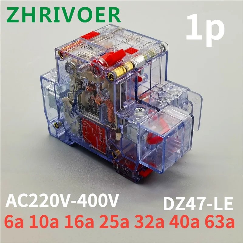 1p Ac220v-380v dz47le-63 6a10a16a25a32a40a63a transparent switch main gate residual current leakage protection circuit breaker