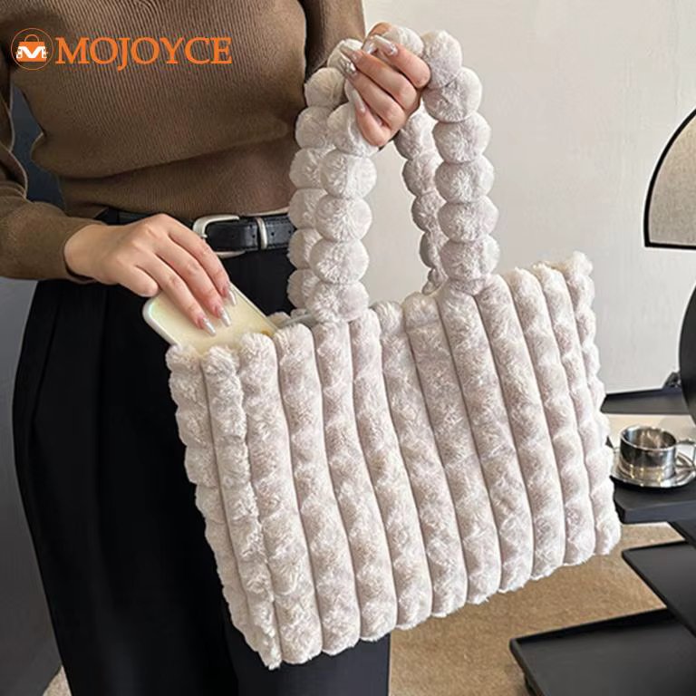 Ladies Fluffy Luxury Underarm Bags Fashion Plush Plaid Women Tote Bag Autumn/Winter Faux Fur Handbag Large Capacity Shoulder Bag