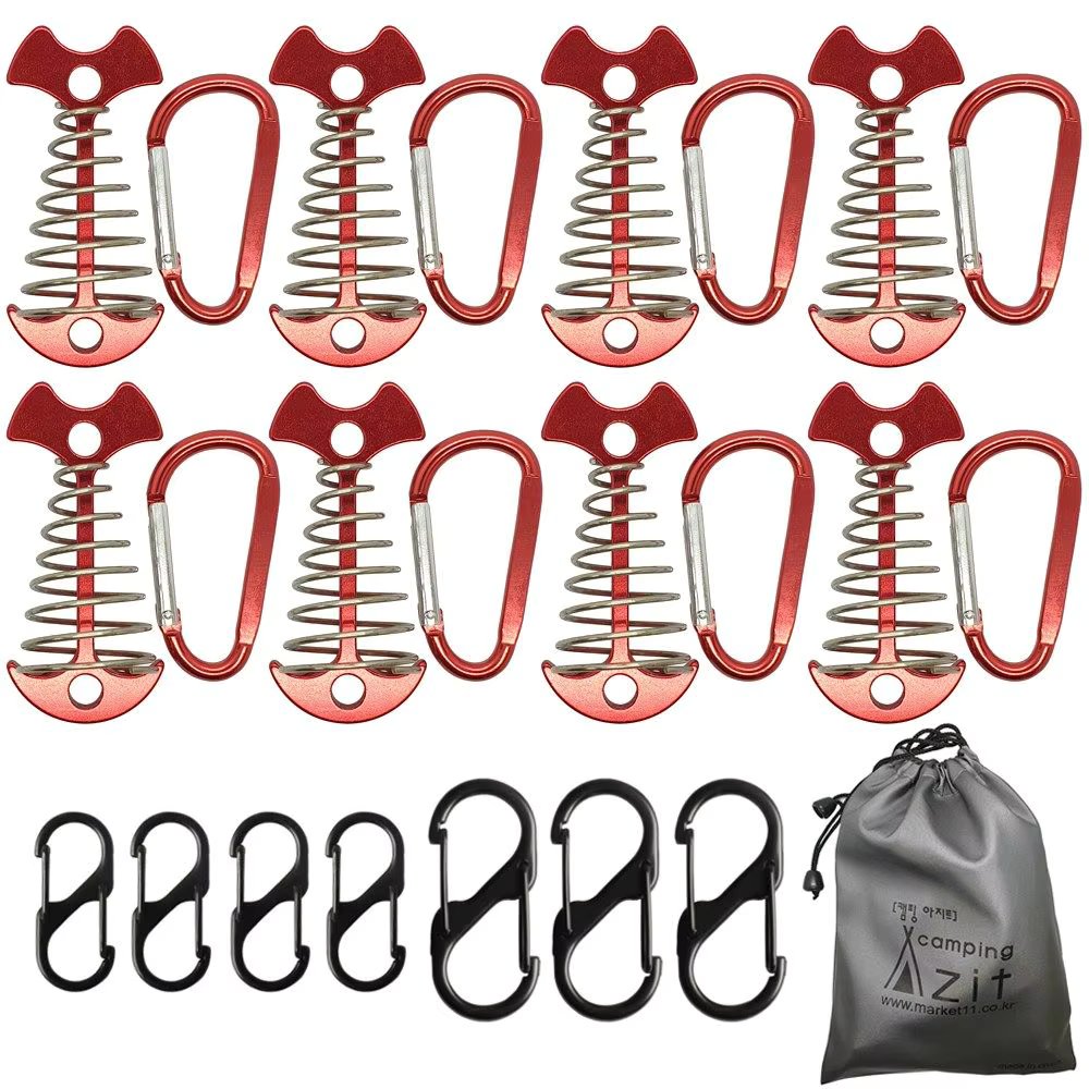 [Camping Azit] Camping Ago Long Type Fish Deck Pack Red 8p + D Type 6 Caraviner 8P + S Biner 7p +  pouch (레드 8p + D형 6호 카라비너 8P+ S비너7p+ 방수 주머니)