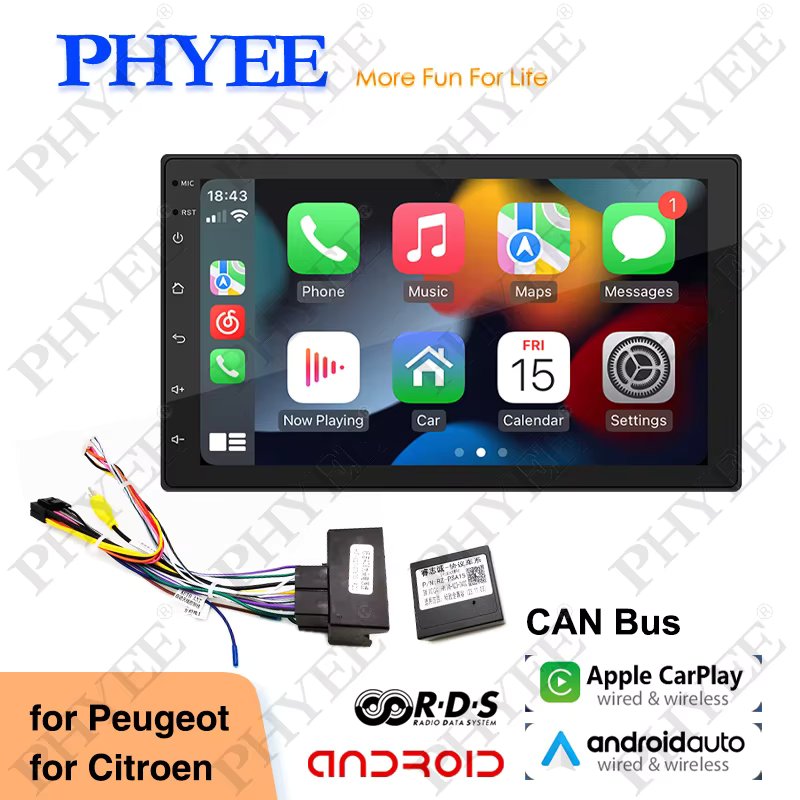 2 Din Android Car Radio Carplay for Peugeot 307, 308, 3008, Citroen Berlingo C4, CAN Bus Decoder, Bluetooth, Android-Auto, 7inch