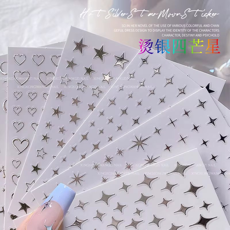 6Pcs/set 3D Silver Metal Mirror Star Nail Art Sticker Y2K Heart Star Moon Adhesive Decal French Stripe Line Star Manicure Slider