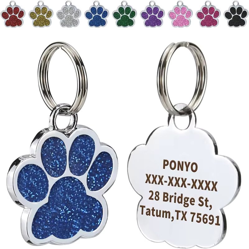 Personalized Dog Cat Plate Tags Engraved Puppy Pet ID Name Collar Tag Alloy Paw Glitter Pendant Pets Dogs Accessories