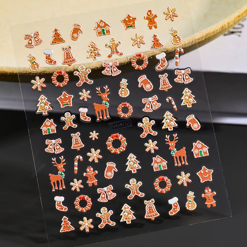 Christmas Gingerbread Man Snowflake 3D Nail Stickers Cute Cartoon Penguin Bell Xmas Sliders Decals Winter Nail Art Decorations