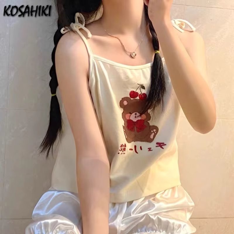 KOSAHIKI Kawaii Aesthetic Vest Y2k Sleeveless Short Slim Fit Camisole Cartoon Bear Print  Street T-shirt 2024 Summer Crop Top