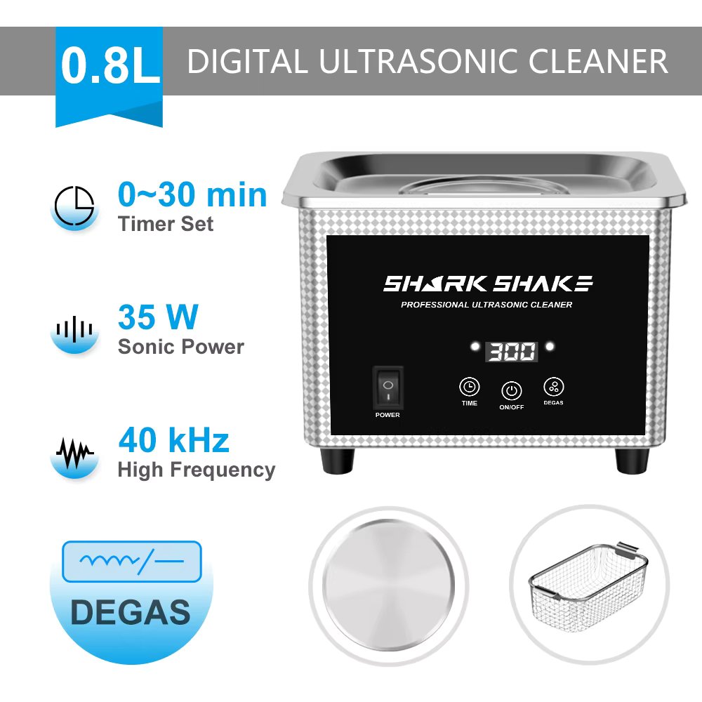 60W Ultrasonic Bath 0.8L Cleaning Machine with Degas Timer Jewelry Brush Glasses Watch Gold Silver Manicure Nail Coin Ring Tools