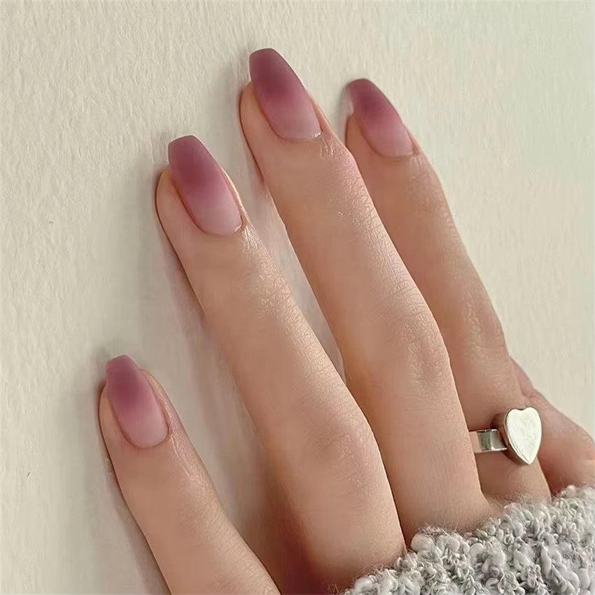 24Pcs/Set Short Gradient Removable Press-On Nail Tips Purple Frosted Acrylic Fake Nails Full Coverage French Wearing False Nails