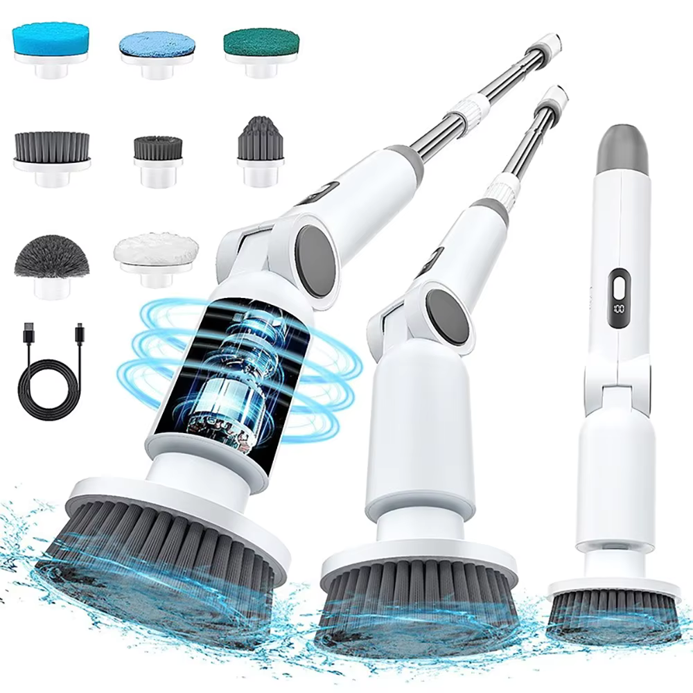 2025 NEW 9-in-1 Electric Spin Scrubber Wireless Cleaning Brush IPX7 Waterproof Bathroom Scrubber Adjustable Extension Handle
