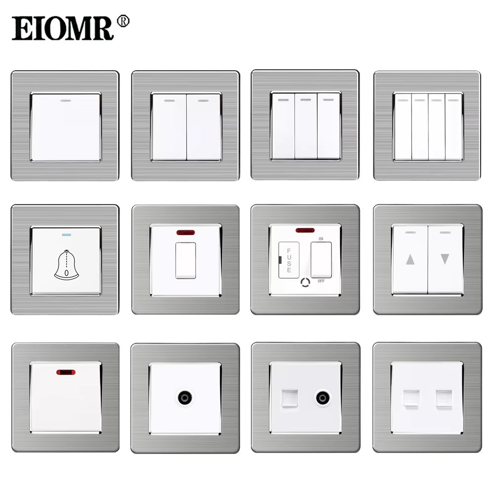 EIOMR EU UK Standard Rocker Switch 86mm Stainless Steel Panel TV Phone Rj45 High Power Switch Appliance Jacks and Wall Switches