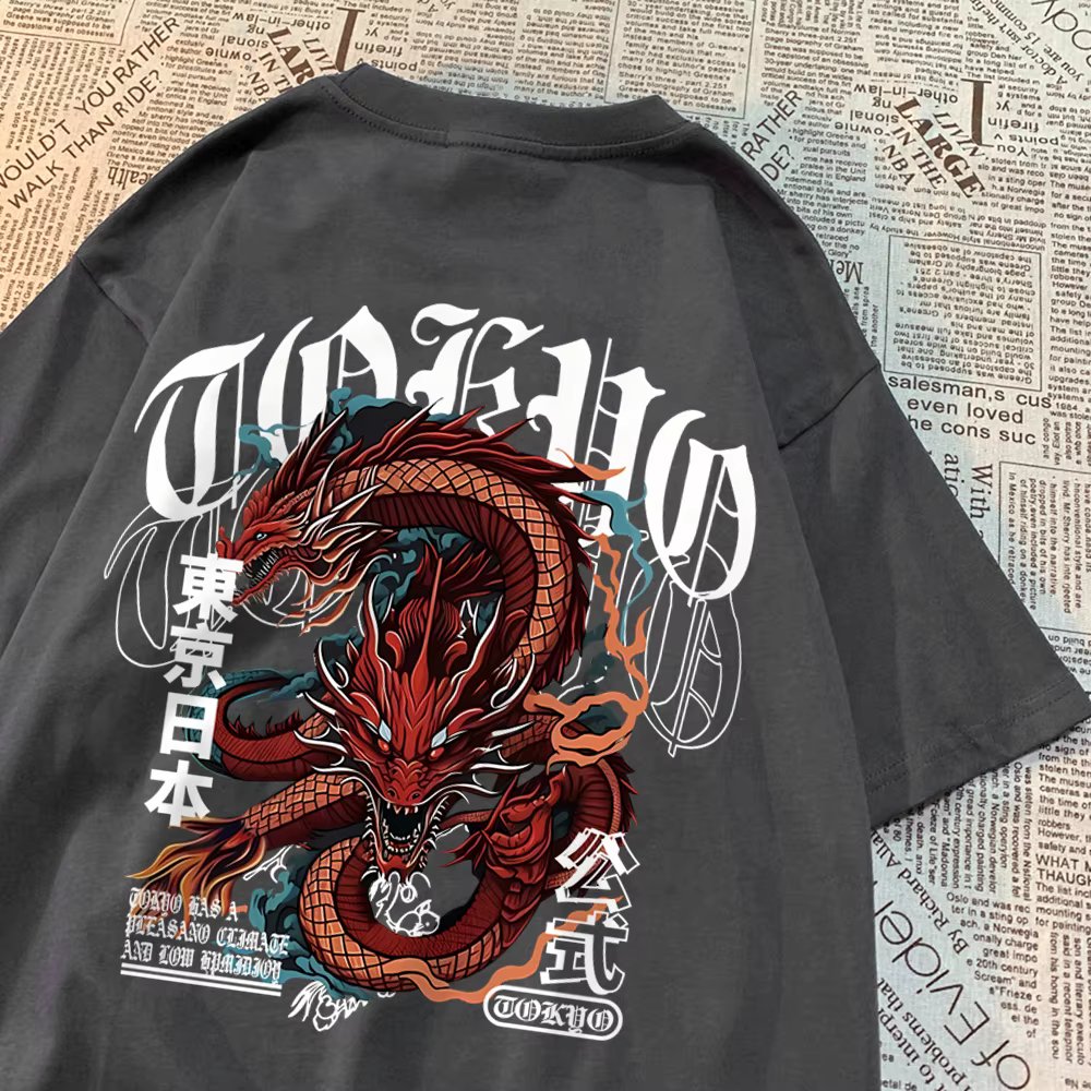 Japanese Style Tokyo Devil Dragont-Shirts Men Pattern Cotton T-Shirt Vintage Loose Clothing Personality Summer Tshirt Women
