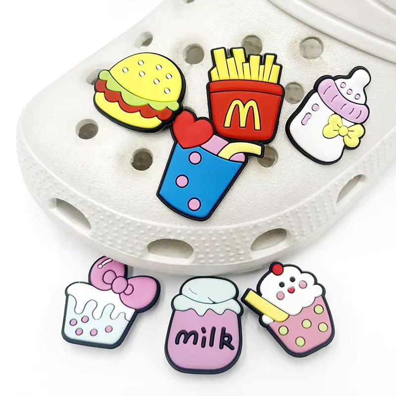 1Pcs Cute Food Icon PVC Shoe Charms Accessories Burger French Fries Cake Shoe Upper Pins Decoration Clogs Buckle Kid Party Gift