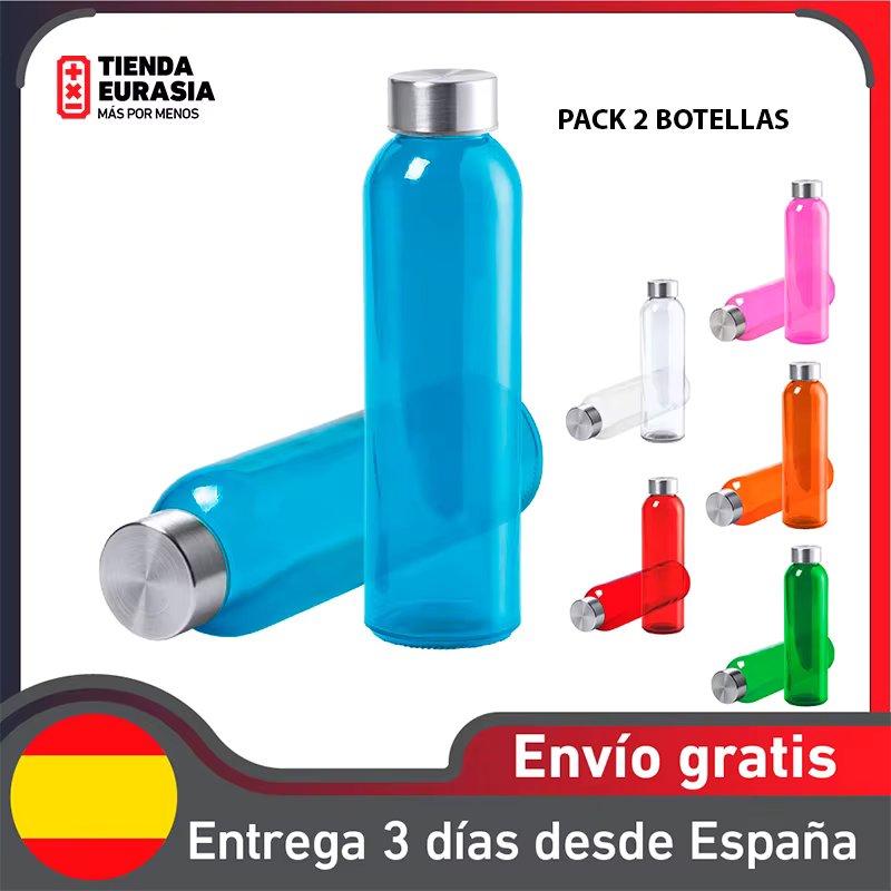 Eurasian shop®Pack of 2 glass bottles, with stainless steel thread, resistance 0, colors to choose, water bottle, 500ml