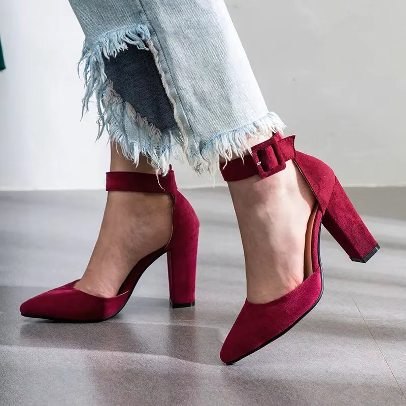 2024 Women Pumps Fashion Women Shoes Party Wedding Super Square High Heel Pointed Toe Red Wine Ladies Pumps Size 34-43